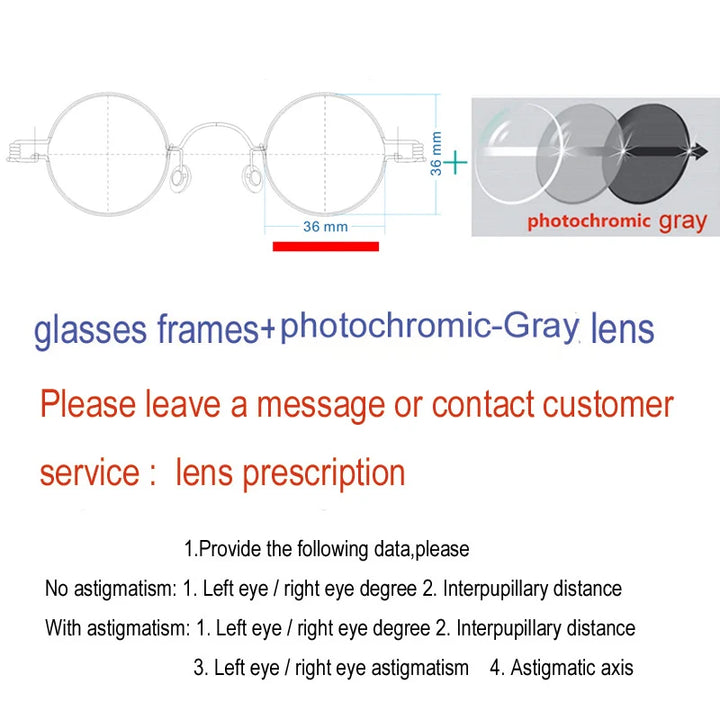 Yujo Unisex Full RIm Round Screwless Stainless Steel Eyeglasses 15030 Full Rim Yujo Photochromic gray 36 CHINA