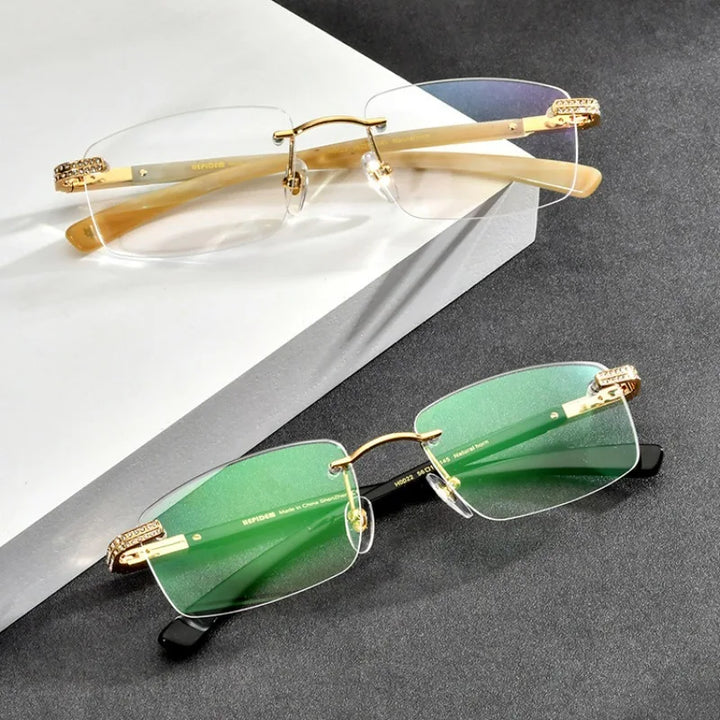 Hewei Unisex Rimless Square Studded Titanium Horn Eyeglasses 90022