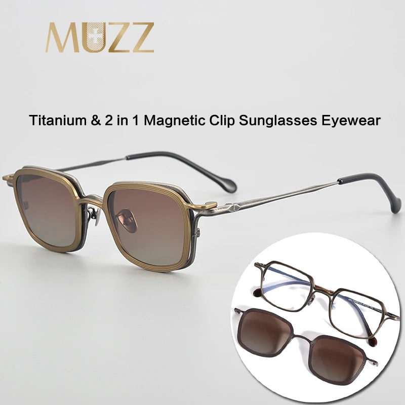 Muzz Unisex Full Rim Square Titanium Eyeglasses Clip On Sunglasses 5969 With Clip Ons Muzz   