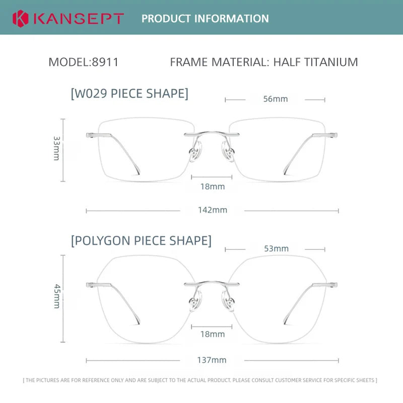 Kansept Unisex Rimless Square Polygon Titanium Reading Glasses 8911/12