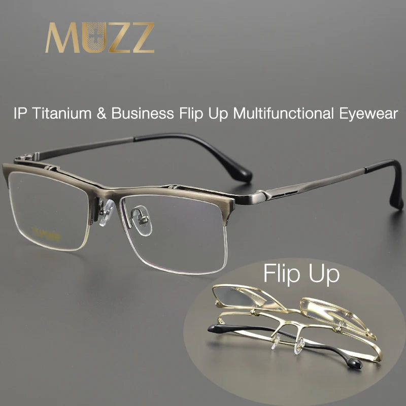 Muzz Men's Semi Rim Square Flip Up Titanium Eyeglasses 6152 Semi Rim Muzz   