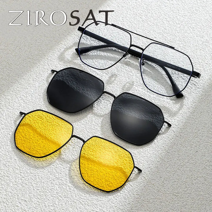 Zirosat Men's Full Rim Square Double Bridge Titanium Eyeglasses Clip On Sunglasses 8602