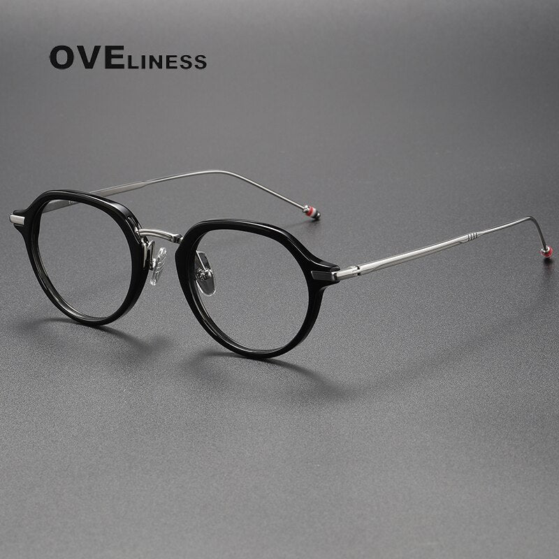 Oveliness Unisex Full Rim Polygon Acetate Titanium Eyeglasses Tbx421 Full Rim Oveliness black silver  