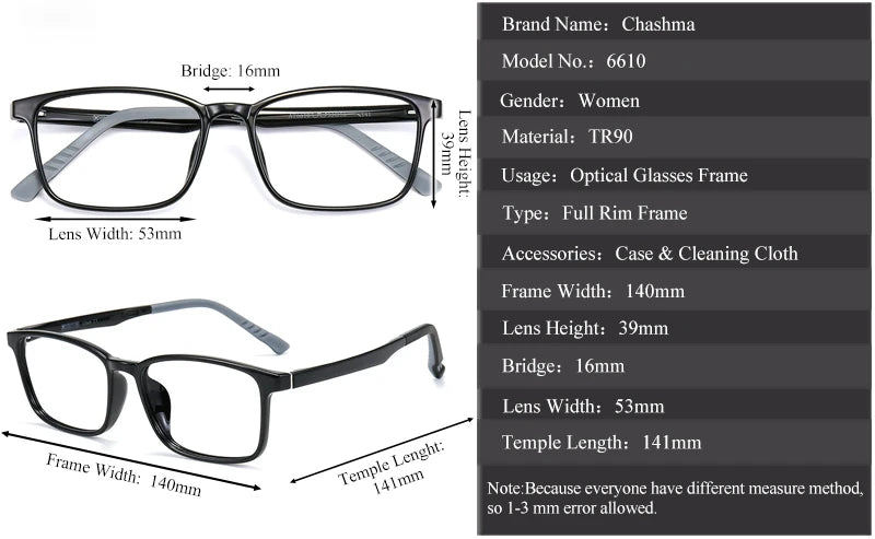 Chashma Ochki Unisex Full Rim Square Tr 90 Titanium Eyeglasses 36610