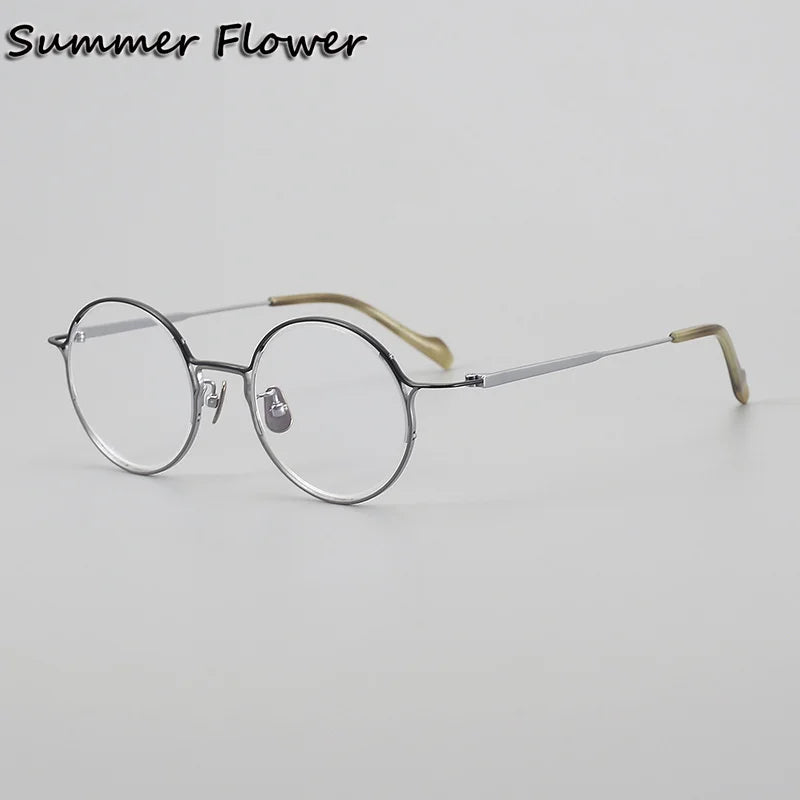 Summer Flower Unisex Full Rim Round Acetate Titanium Eyeglasses 24002 Full Rim Summer Flower Black Gray