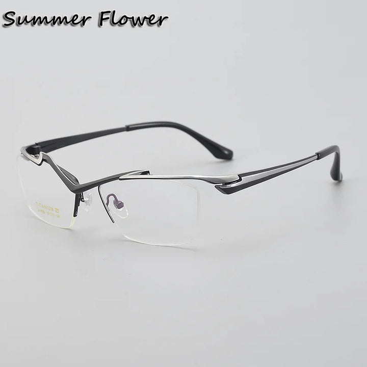 Summer Flower Unisex Semi Rim Square Brow Line Titanium Eyeglasses 86158 Semi Rim Summer Flower Black Silver