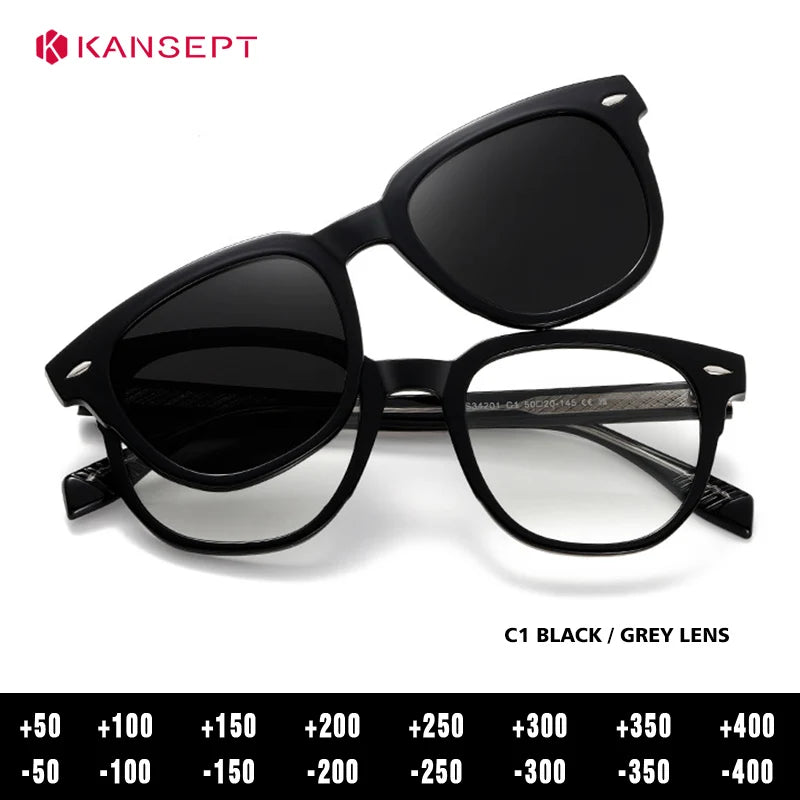 Kansept Unisex Full Rim Square Tr 90 Alloy Reading Glasses Clip On Sunglasses 34201