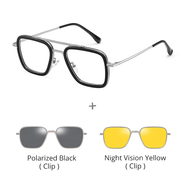 Ralferty Men's Full Rim Square Double Bridge Alloy Tr 90 Eyeglasses Clip On Sunglasses 517701