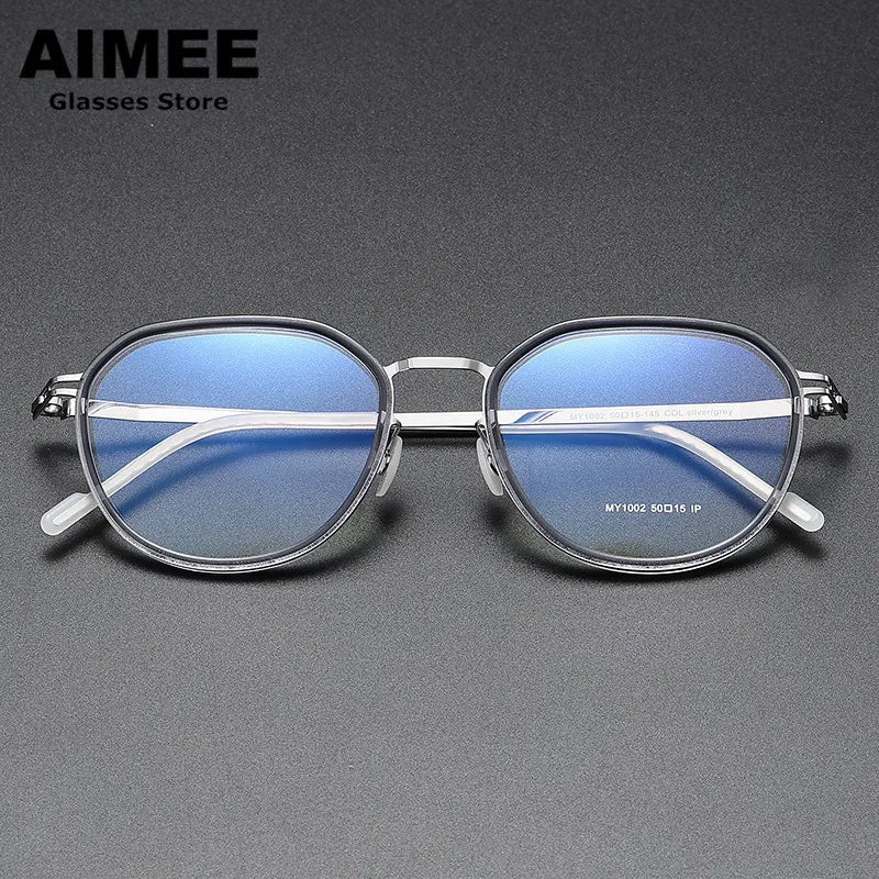 Aimee Unisex Full Rim Oval Square Acetate Steel Eyeglasses 1002 Full Rim Aimee Grey-Silver  