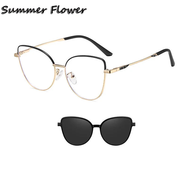 Summer Flower Women's Full Rim Cat Eye Titanium Eyeglasses Clip On Sunglasses 710244