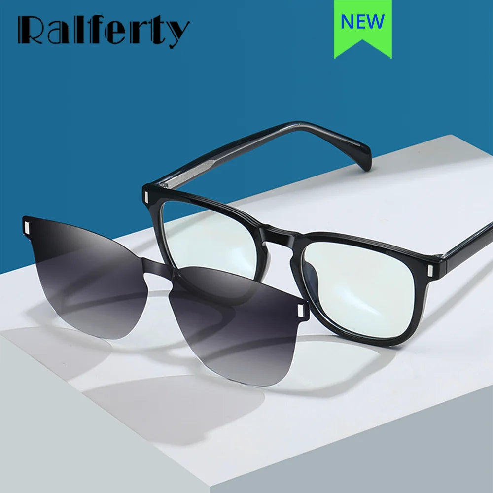 Ralferty Men's Full Rim Square Acetate Eyeglasses Clip On Polarized Sunglasses R7202 With Clip Ons Ralferty   