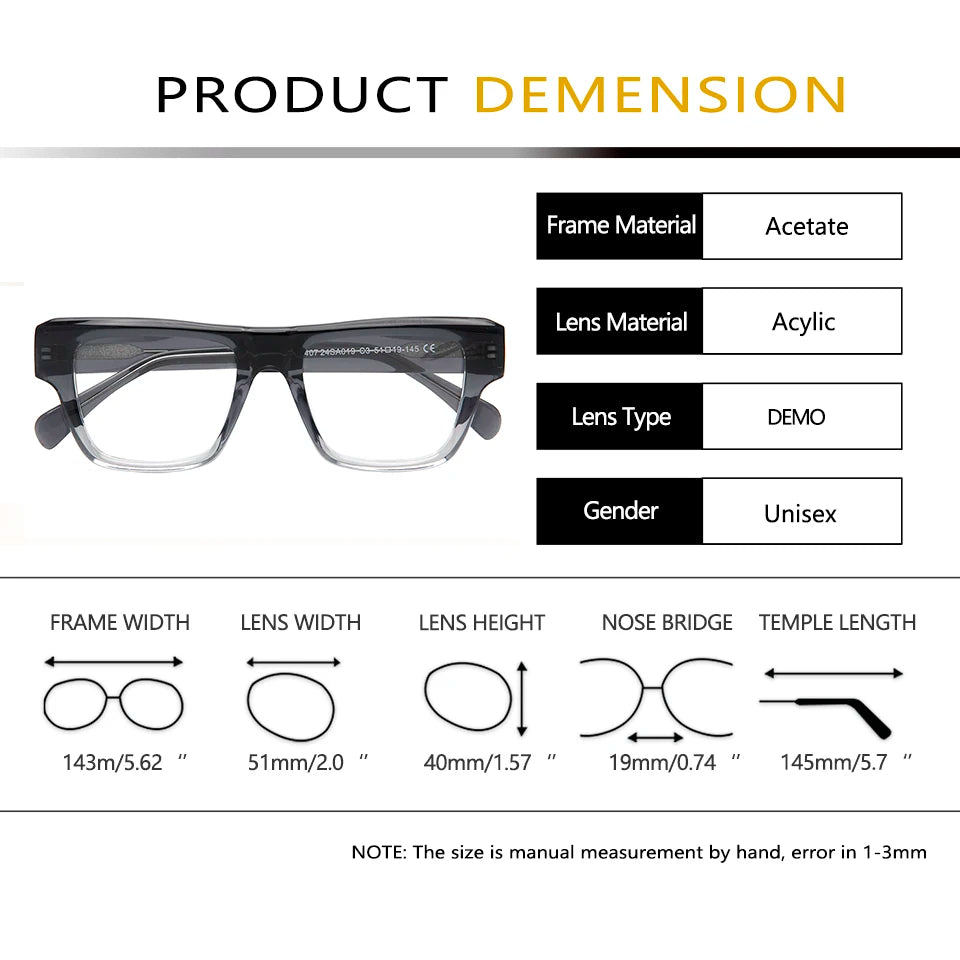 Esnbie Unisex Full Rim Square Acetate Thick Temple Eyeglasses 40191