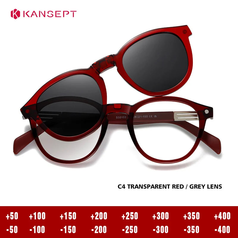 Kansept Unisex Full Rim Round Tr 90 Titanium Reading Glasses Clip On Sunglasses 33103