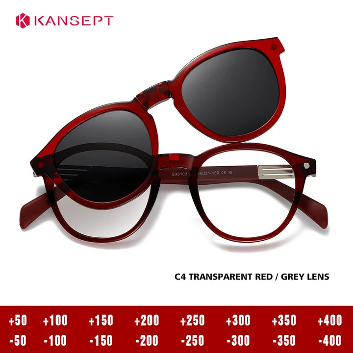Kansept Unisex Full Rim Round Tr 90 Titanium Reading Glasses Clip On Sunglasses 33103