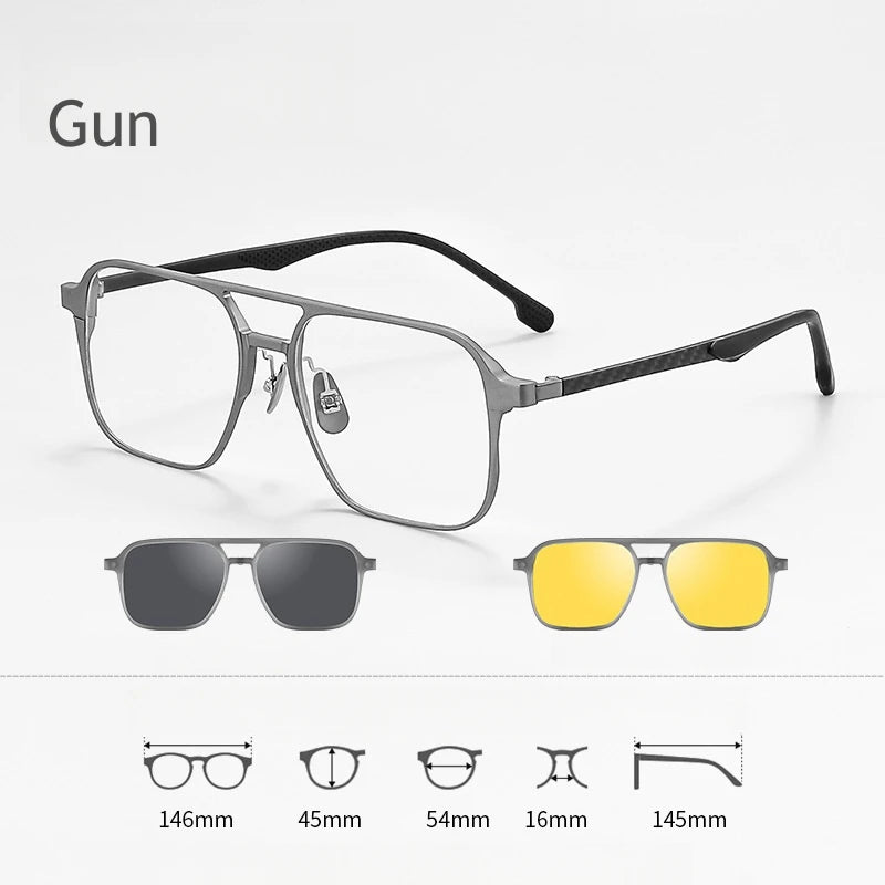 KatKani Men's Full Rim Double Bridge Square Aluminum Eyeglasses With Clip On Sunglasses 6656 Full Rim KatKani Eyeglasses Gun  