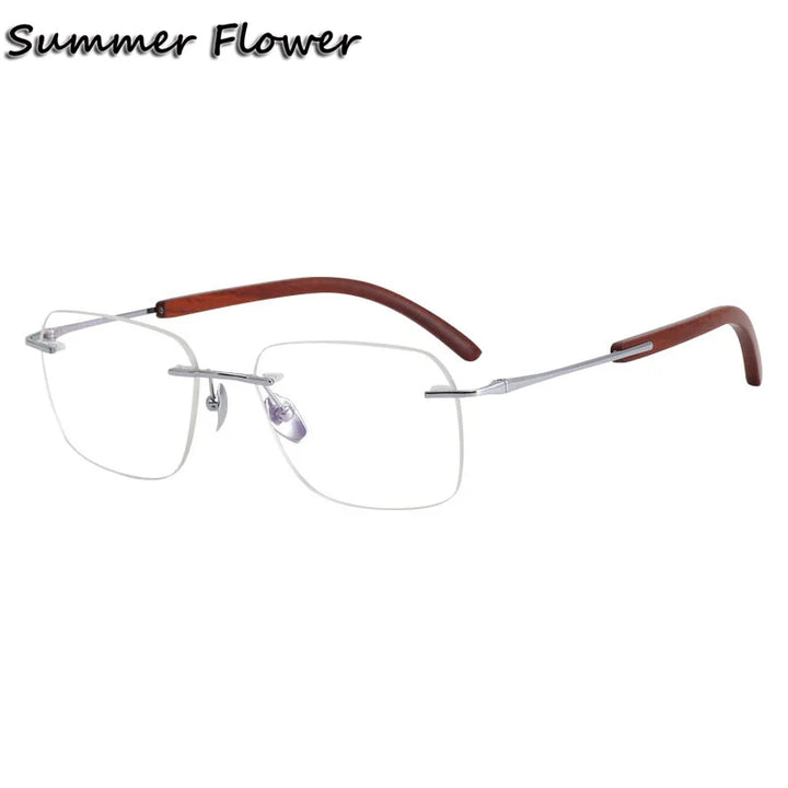 Summer Flower Unisex Rimless Square Titanium Wood Eyeglasses 84246