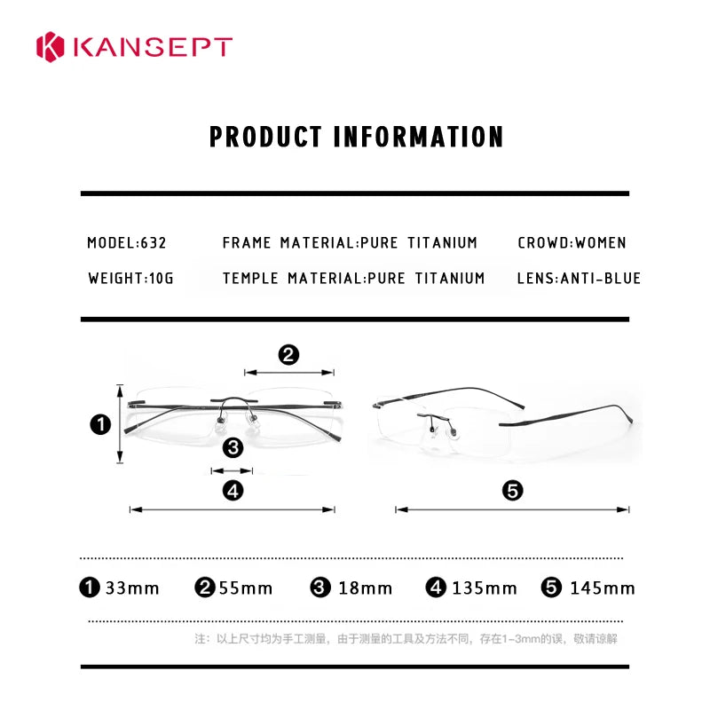 Kansept Women's Rimless Square Titanium Reading Glasses 742632 Reading Glasses Kansept
