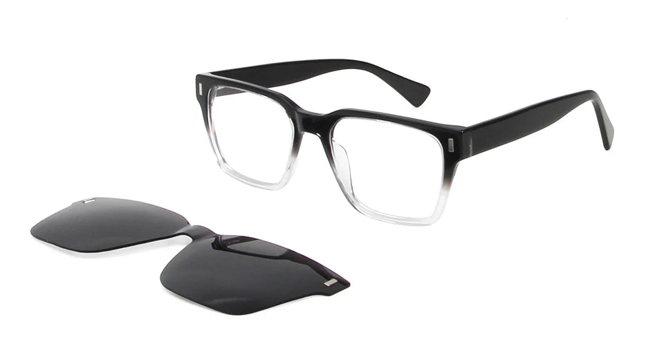 Esnbie Men's Full Rim Square Acetate Eyeglasses Clip On Sunglasses 811211