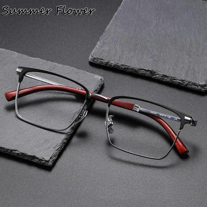 Summer Flower Unisex Full Rim Square Titanium Sandalwood Eyeglasses 82340 Full Rim Summer Flower