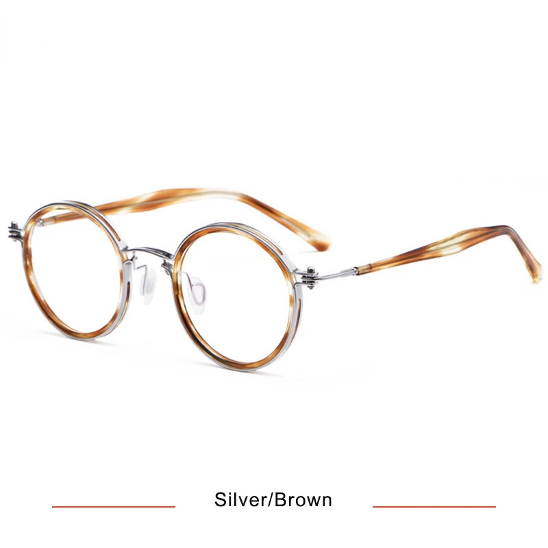 Brightzone Unisex Full Rim Round Acetate Titanium Eyeglasses 75820 Full Rim Brightzone Silver Brown