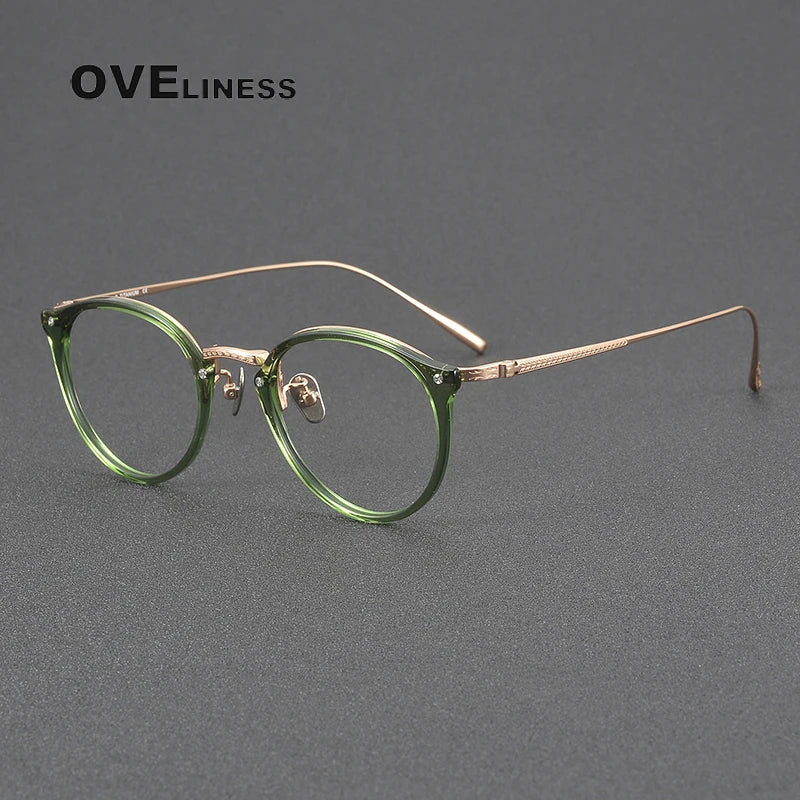 Oveliness Women's Full Rim Round Acetate Titanium Eyeglasses Full Rim Oveliness green rose gold  