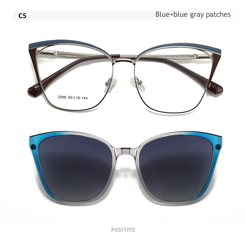 KatKani Womens Full Rim Cat Eye Aloy Eyeglasses With Clip On Sunglasses 2256 Clip On Sunglasses KatKani Eyeglasses Blue  