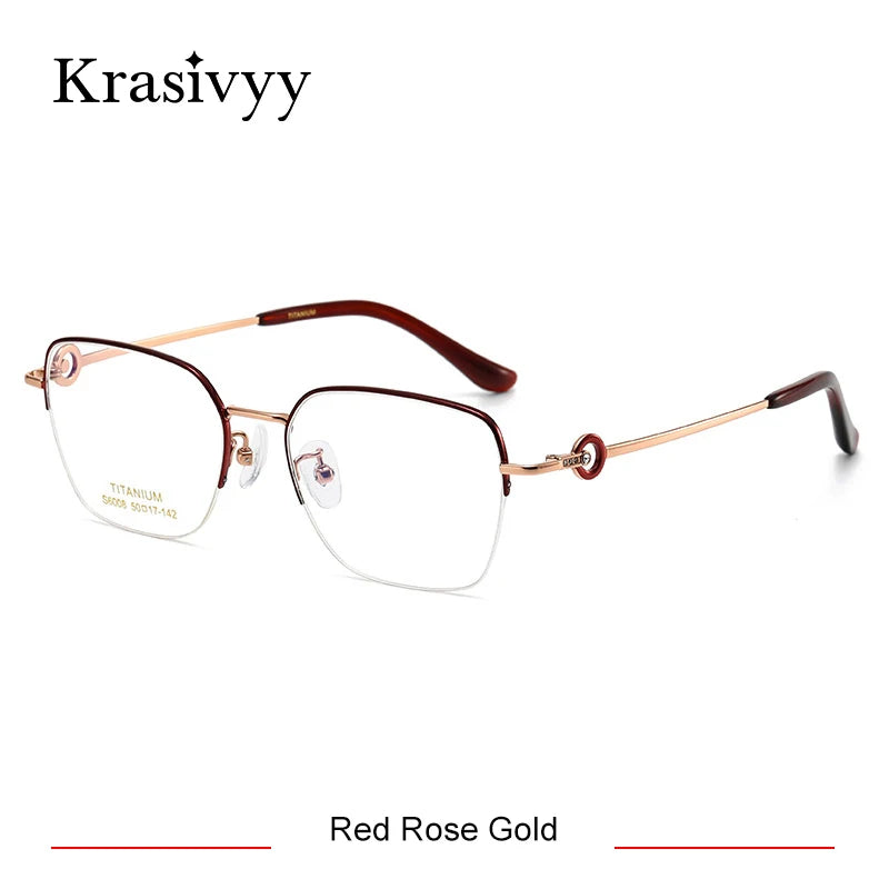 Krasivyy Women's Semi Rim Flat Top Square Titanium Eyeglasses 6008 Semi Rim Krasivyy Red Rose Gold  