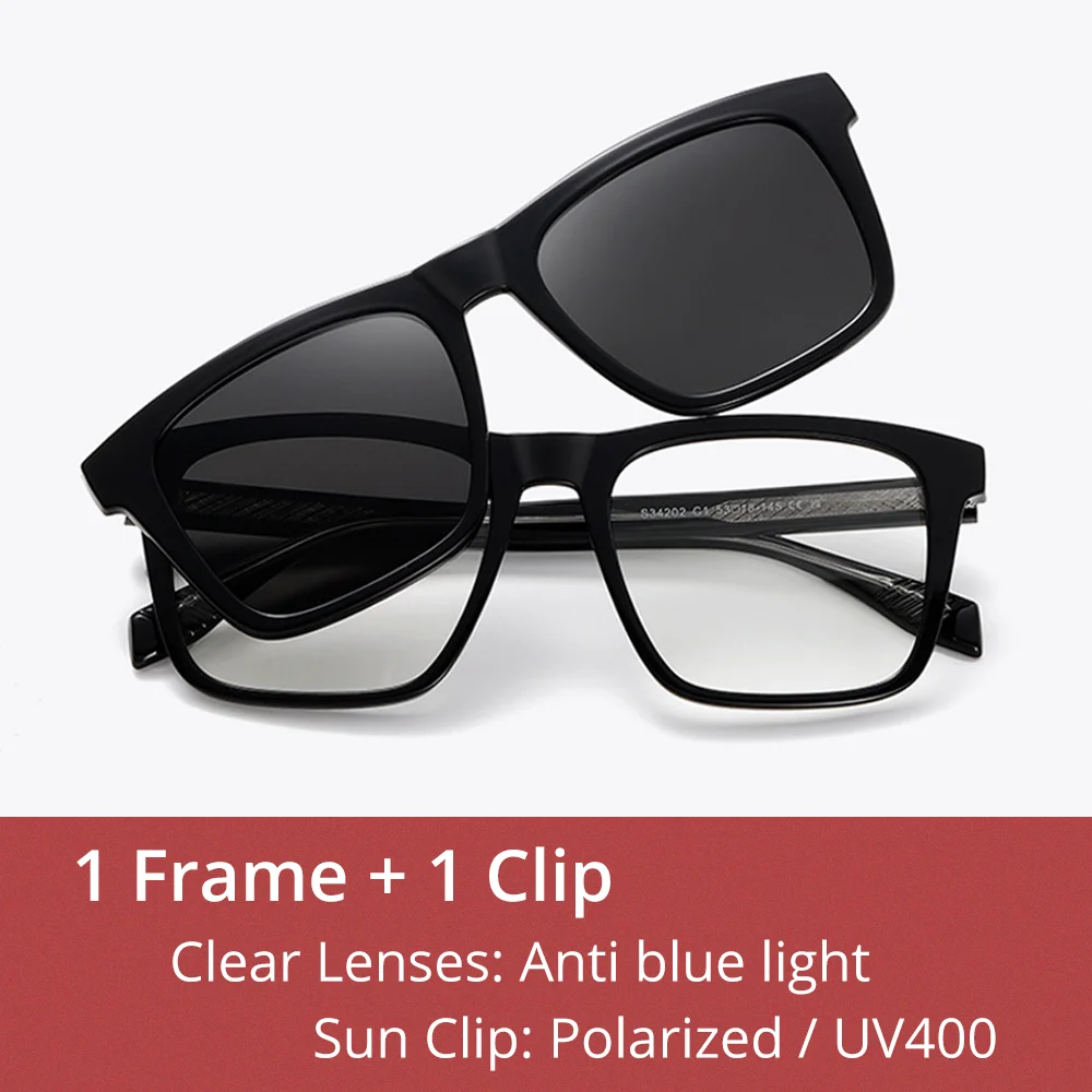 Ralferty Unisex Full Rim Square Tr 90 Alloy Eyeglasses Clip On Sunglasses 334202