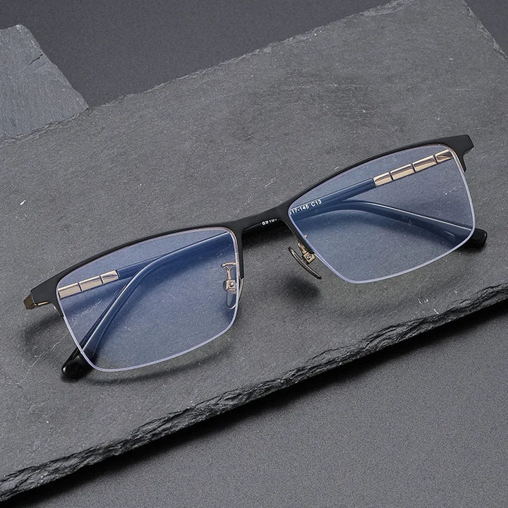Momoja Men's Semi Rim Square Polygon Titanium Eyeglasses 89187