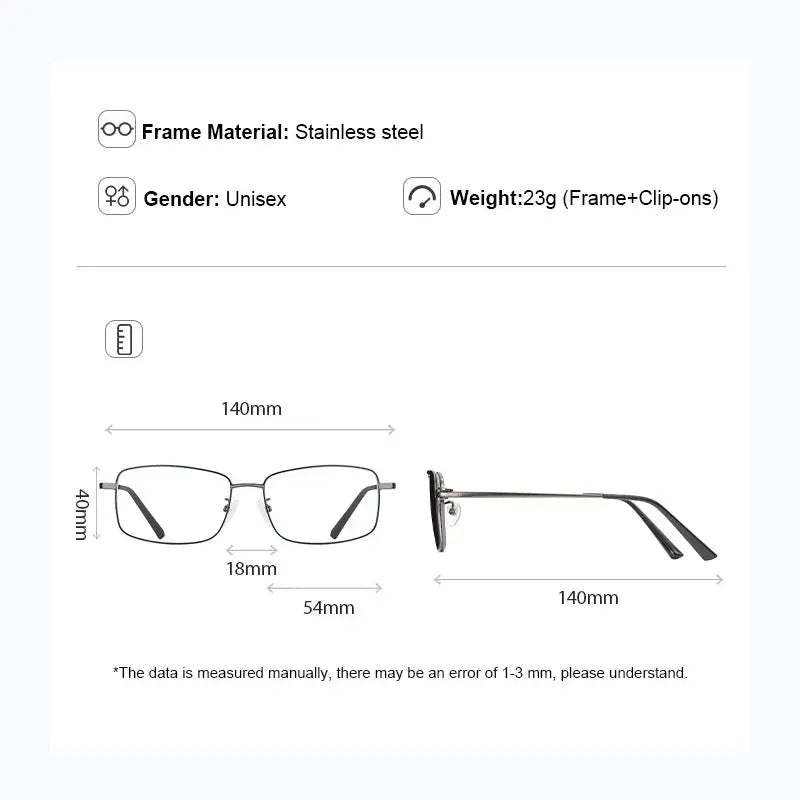 Gmei 700569 Unisex Full Rim Square Steel Frames With Clip On Sunglasses FuzWeb