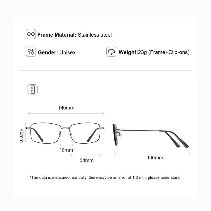 Gmei 700569 Unisex Full Rim Square Steel Frames With Clip On Sunglasses FuzWeb