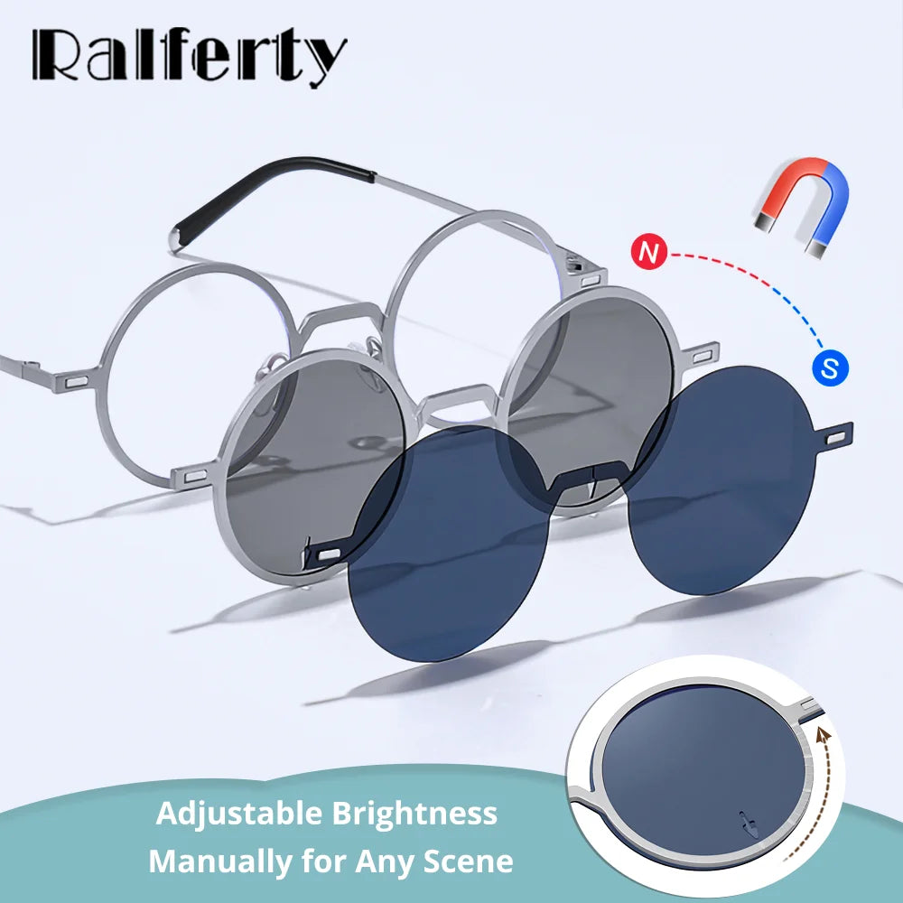 Ralferty Women's Full Rim Round Steel Eyeglasses Clip On Sunglasses 725204