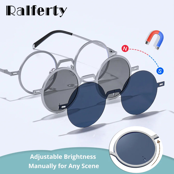 Ralferty Women's Full Rim Round Steel Eyeglasses Clip On Sunglasses 725204