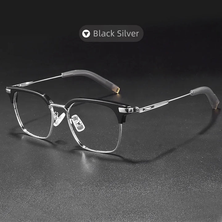 KatKani Men's Full Rim Square Titanium Acetate Eyeglasses 107 Full Rim KatKani Eyeglasses Black Silver  