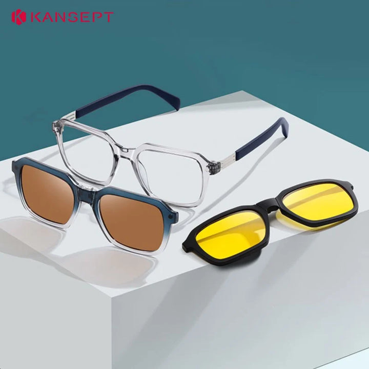 Kansept Unisex Full Rim Square Tr 90 Titanium Reading Glasses Clip On Sunglasses 33106