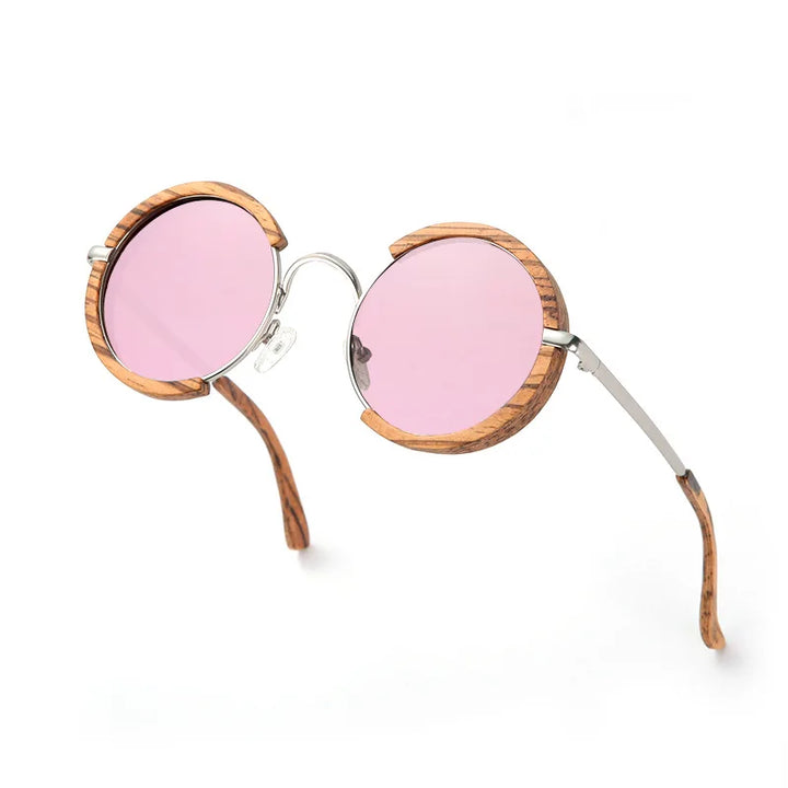 Hdcrafter Unisex Full Rim Round Wood Alloy Polarized Sunglasses 56407 Sunglasses HdCrafter Sunglasses pink  