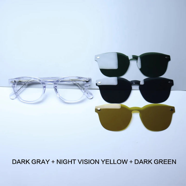 Gatenac Unisex Full Rim Round Acetate Eyeglasses Polarized Clip On Sunglasses 1145  FuzWeb  Transparent 3 Clips  