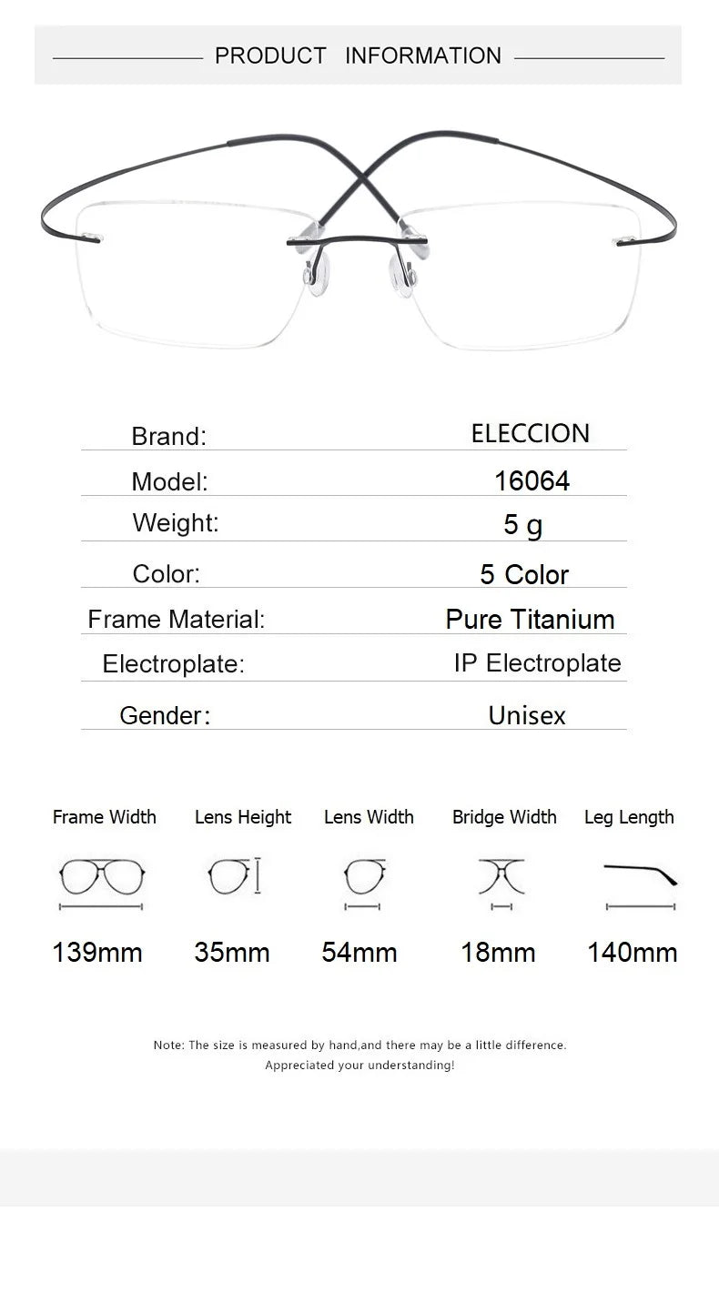 Eleccion Unisex Rimless Square Screwless Titanium Eyeglasses 80863