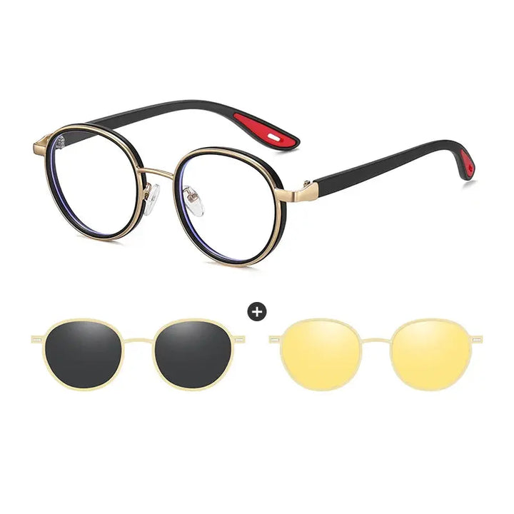 Gmei 773001 Unisex Full Rim Round Alloy Frames With Clip On Sunglasses FuzWeb