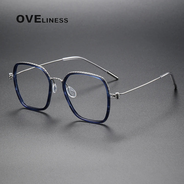 Oveliness Unisex Full Rim Square Acetate Titanium Eyeglasses 80895 Full Rim Oveliness blue silver  