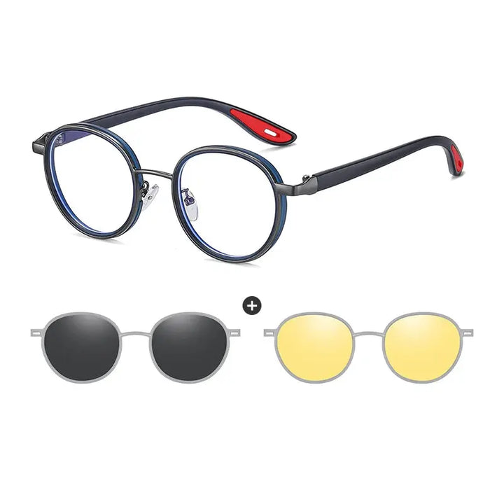 Gmei 773001 Unisex Full Rim Round Alloy Frames With Clip On Sunglasses FuzWeb