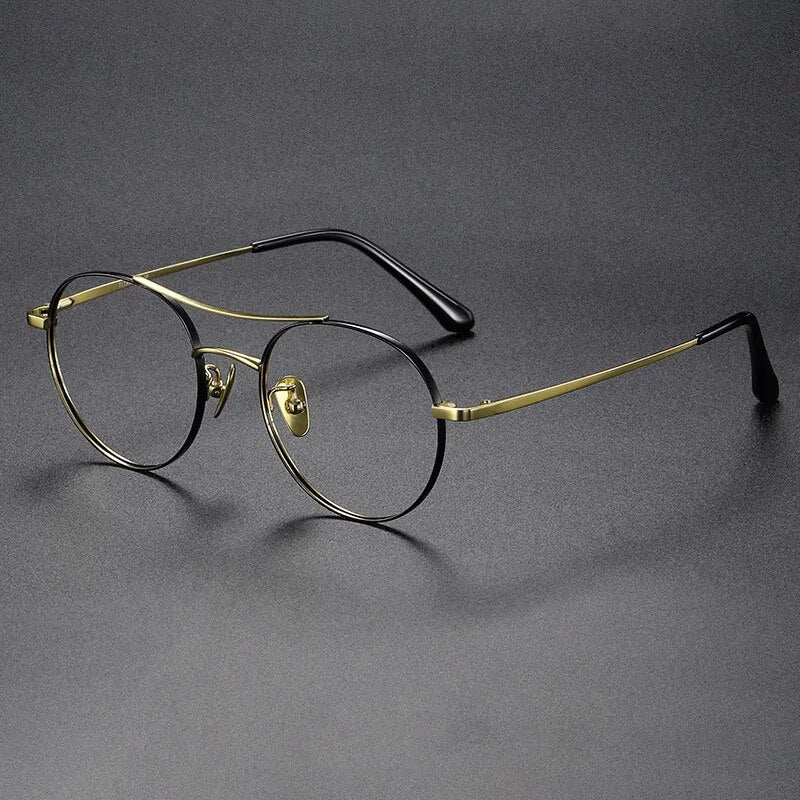 Hdcrafter Unisex Full Rim Round Double Bridge Titanium Eyeglasses 86578 Full Rim Hdcrafter Eyeglasses Black-Gold  