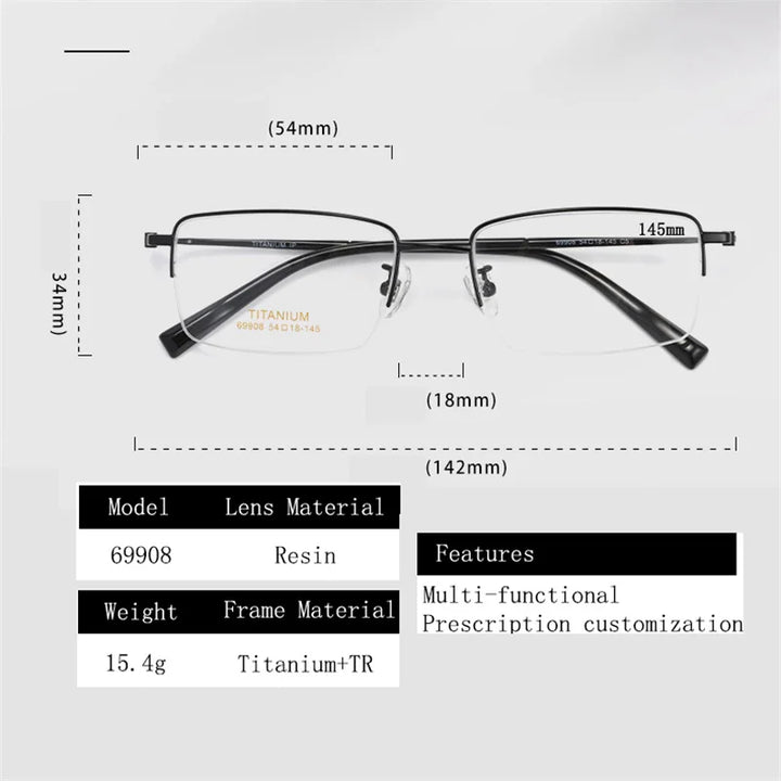 Kocolior Unisex Semi Rim Square Titanium Photochromic Reading Glasses 69908