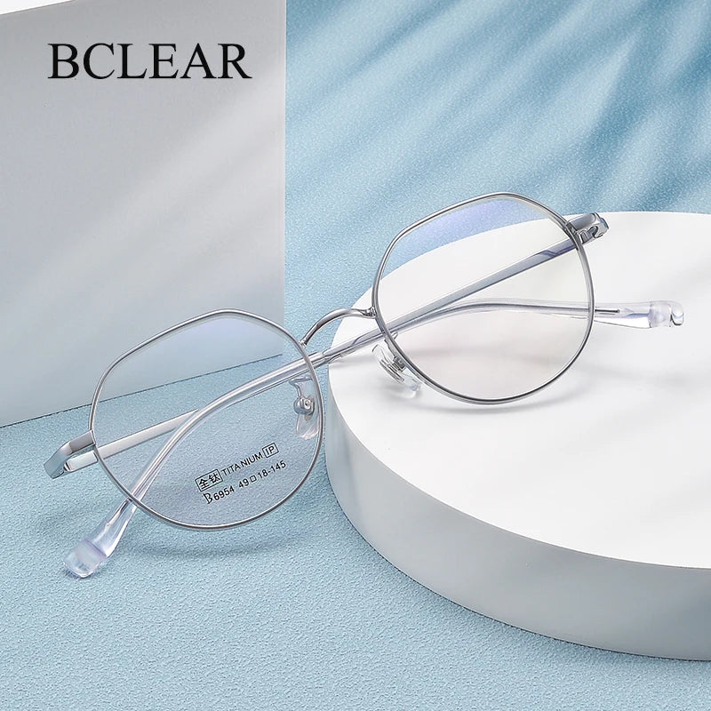 Bclear Unisex Full Rim Small Flat Top Round Titanium Eyeglasses 6954 Full Rim Bclear   