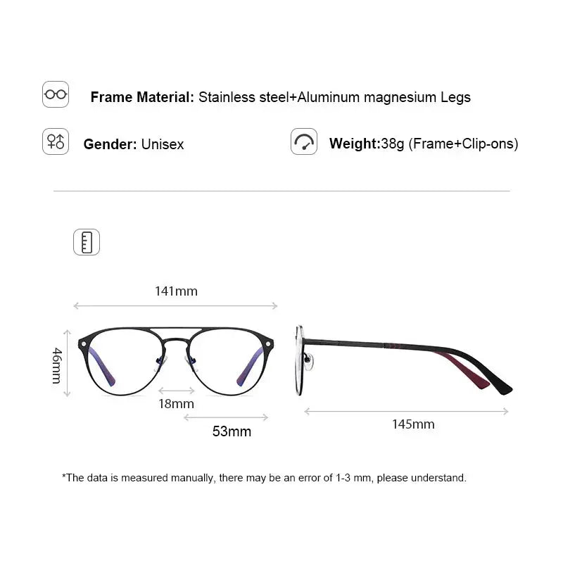 Gmei 760749 Unisex Full Rim Round Double Bridge Steel Frames Clip On Sunglasses FuzWeb