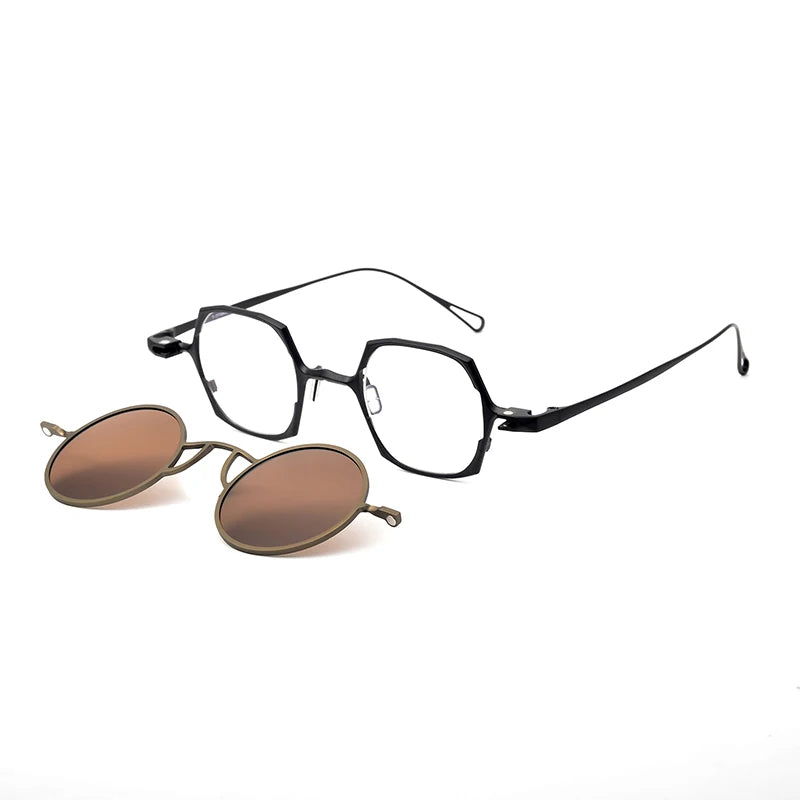 Aror Unisex Full Rim Polygon Titanium Eyeglasses Clip On Sunglasses 19214