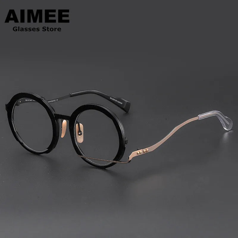 Aimee Unisex Full Rim Irregular Round Acetate Titanium Eyeglasses 1334 Full Rim Aimee Black-Golden  