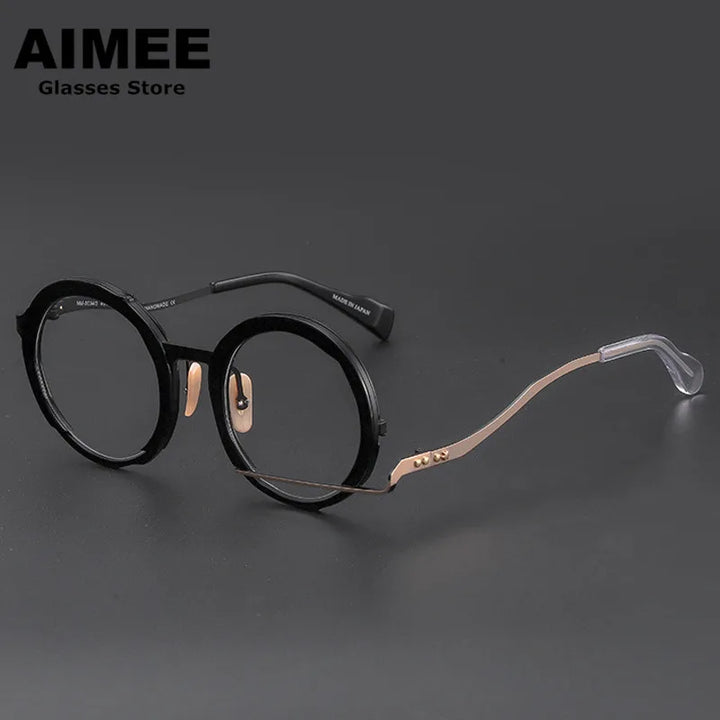 Aimee Unisex Full Rim Irregular Round Acetate Titanium Eyeglasses 1334 Full Rim Aimee Black-Golden  