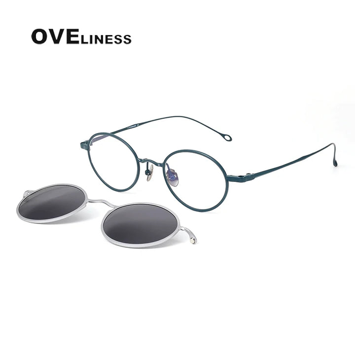 Oveliness Unisex Full Rim Oval Titanium Eyeglasses Clip On Sunglasses 42610 With Clip Ons Oveliness blue silver grey