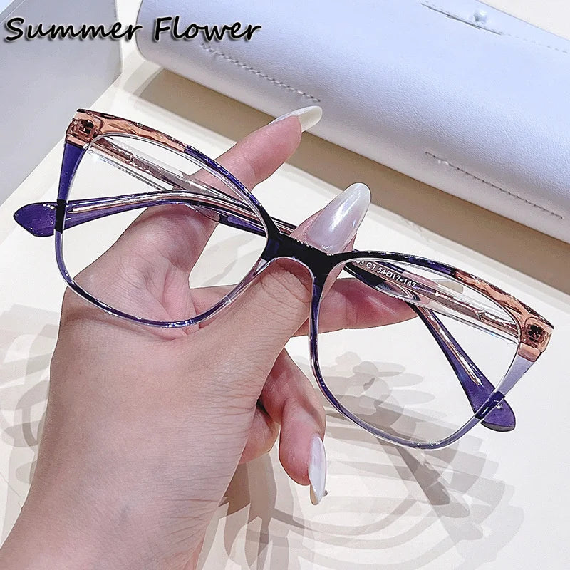 Summer Flower Women's Full Rim Square Cat Eye Tr 90 Titanium Eyeglasses 76003 Full Rim Summer Flower Brown Purple